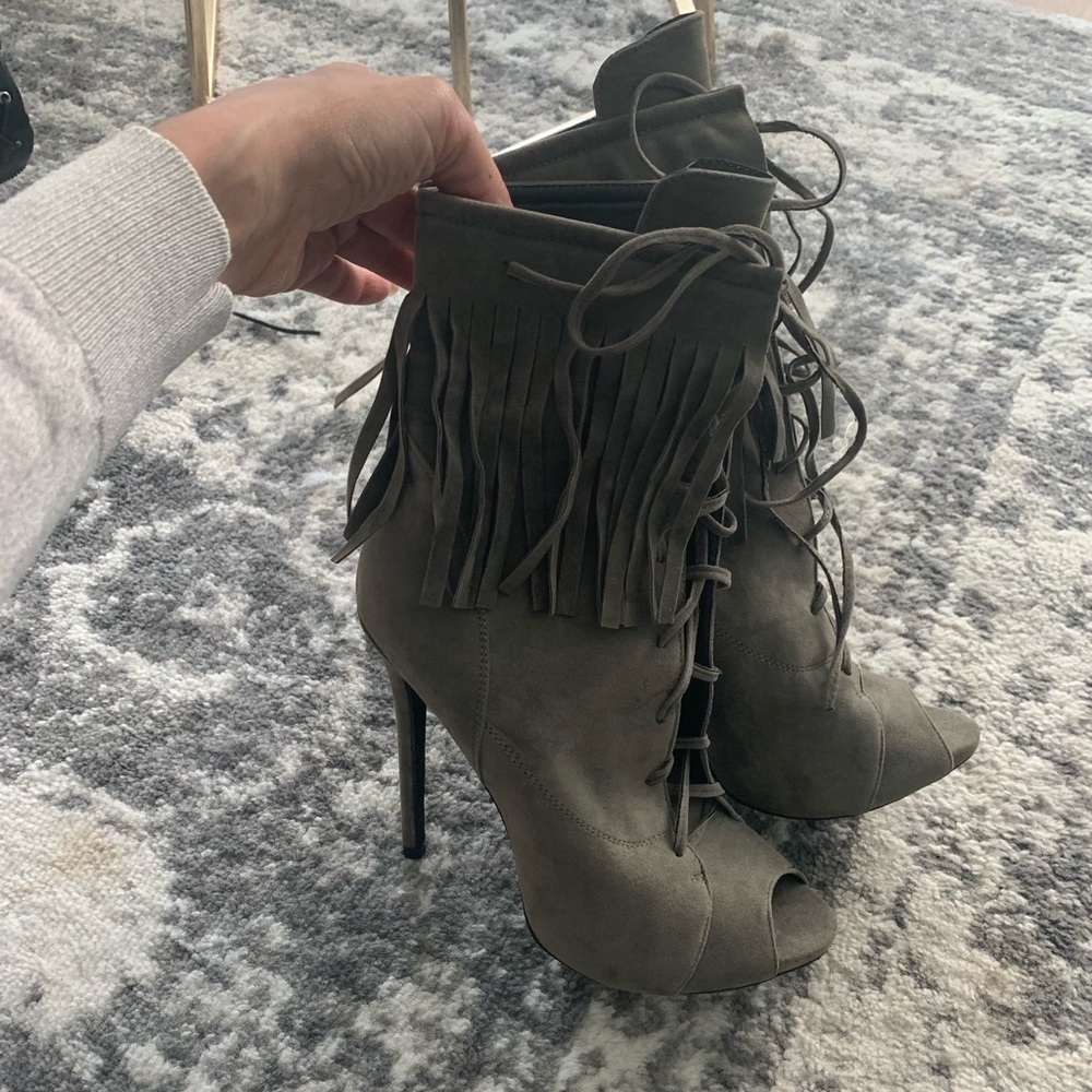 Army Green Stiletto Tie Up Booties Peep Toe